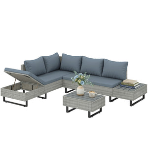 Salon de Jardin d'Angle 5 Places en Résine Tressée - Canapé Extérieur Modulable avec Méridienne Réglable - Ensemble Mobilier de Terrasse avec Table en Composite, Gris