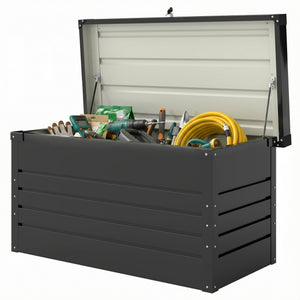 Coffre de rangement en métal 350L - boîte de jardin en acier galvanisé étanche avec double vérins à gaz - malle de rangement verrouillable pour coussins, outils et terrasse, gris anthracite