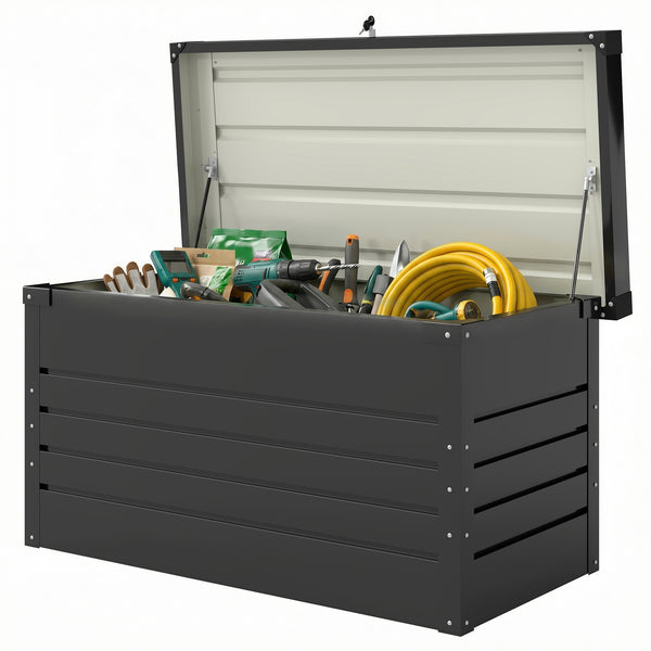 Coffre de rangement en métal 350L - boîte de jardin en acier galvanisé étanche avec double vérins à gaz - malle de rangement verrouillable pour coussins, outils et terrasse, gris anthracite