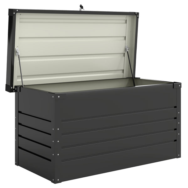 Coffre de rangement en métal 350L - boîte de jardin en acier galvanisé étanche avec double vérins à gaz - malle de rangement verrouillable pour coussins, outils et terrasse, gris anthracite