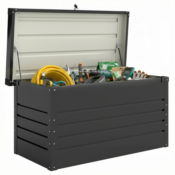 Coffre de rangement en métal 350L - boîte de jardin en acier galvanisé étanche avec double vérins à gaz - malle de rangement verrouillable pour coussins, outils et terrasse, gris anthracite