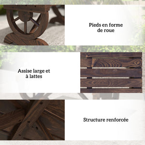 Banc de jardin banc en bois avec siège à lattes, roue décorative, banquette de jardin 2 places structure renforcée stable, banquette extérieure patio terrasse balcon arrière-cour, marron