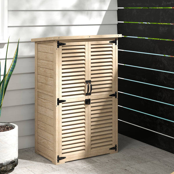 Armoire de Jardin Remise pour Outils en Bois 2 Étagères Toit Bitumé Portes Persiennes Verrouillable 75 x 50 x 118cm Naturel