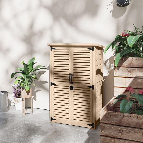 Armoire de Jardin Remise pour Outils en Bois 2 Étagères Toit Bitumé Portes Persiennes Verrouillable 75 x 50 x 118cm Naturel