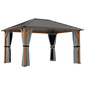 Tonnelle de jardin extérieur 4 x 3 m pavillon de jardin avec toit rigide en métal galvanisé, structure en aluminium, rideaux et moustiquaires, gris et marron