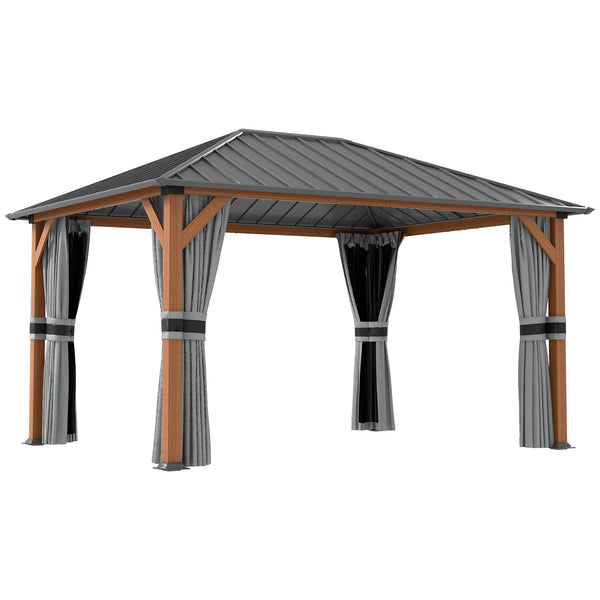 Tonnelle de jardin extérieur 4 x 3 m pavillon de jardin avec toit rigide en métal galvanisé, structure en aluminium, rideaux et moustiquaires, gris et marron