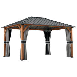 Tonnelle de jardin extérieur 4 x 3 m pavillon de jardin avec toit rigide en métal galvanisé, structure en aluminium, rideaux et moustiquaires, gris et marron