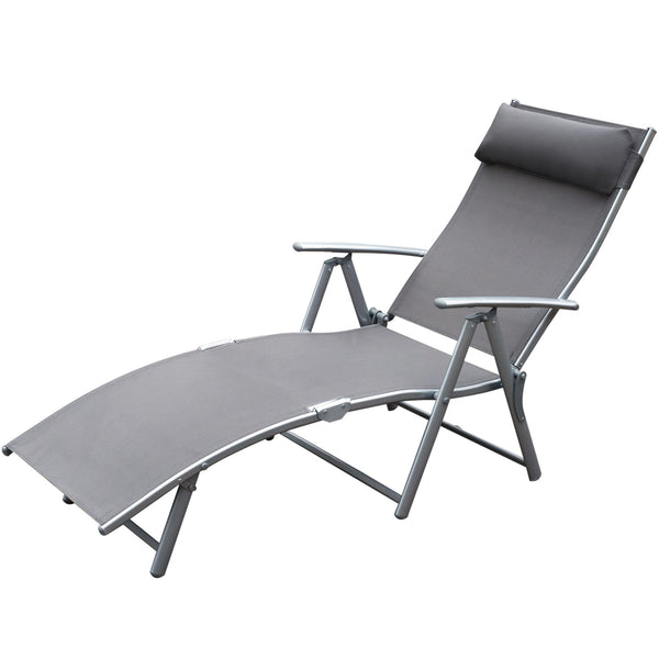 transat Chaise Longue Bain de Soleil Pliable Dossier inclinable Multi-Positions têtière fournie 137L x 64l x 101H cm métal époxy textilène Gris