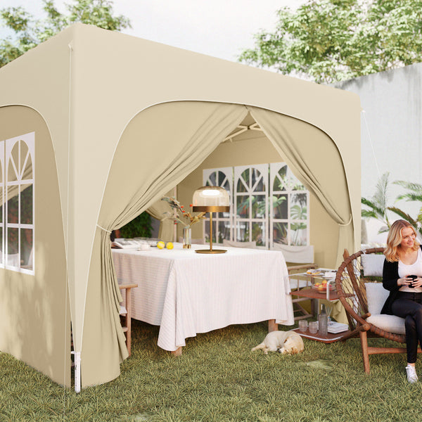 Tonnelle de jardin exterieur 3 x 3 m, tonnelle pliante pop up, hauteur réglable, sac de transport inclus, protection UPF50+, barnum pliant pour camping, festival, patio, sable