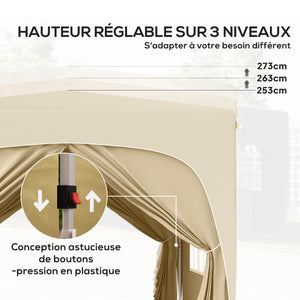 Tonnelle de jardin exterieur 3 x 3 m, tonnelle pliante pop up, hauteur réglable, sac de transport inclus, protection UPF50+, barnum pliant pour camping, festival, patio, sable