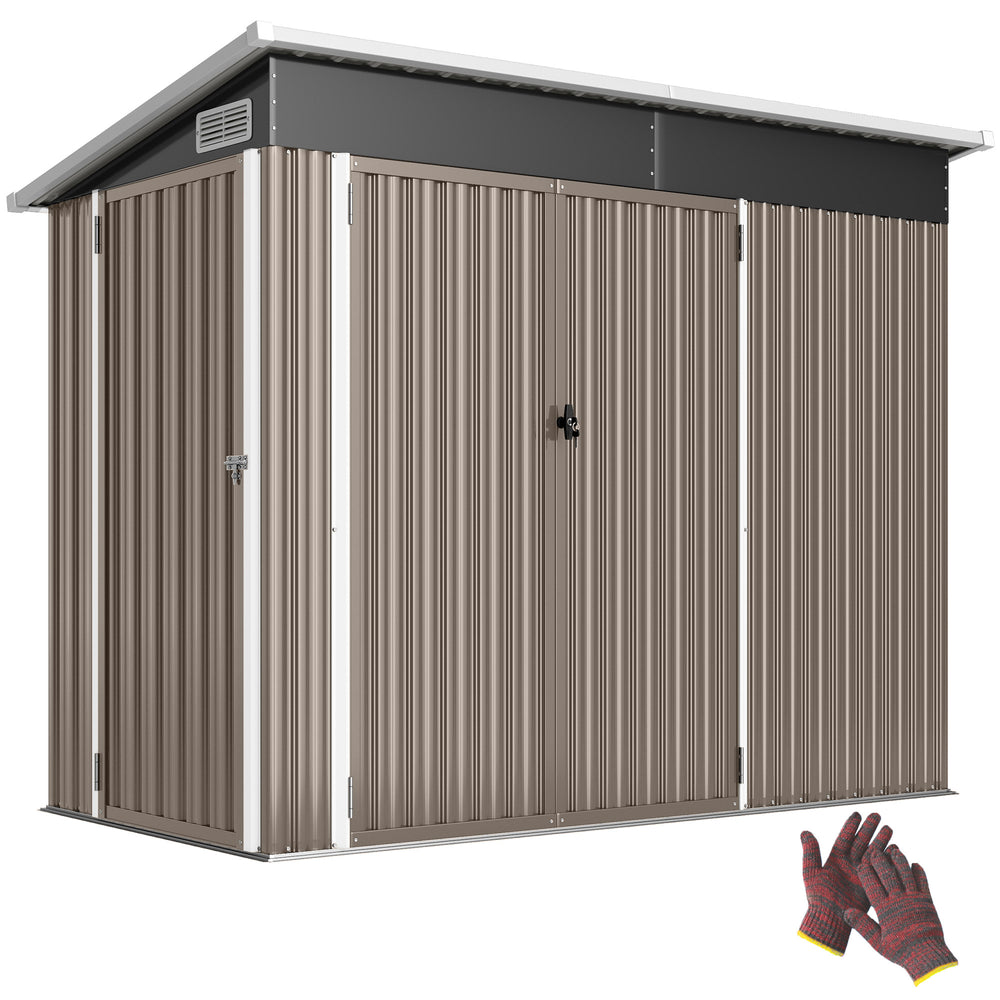 Abri de jardin en métal, cabane de jardin extérieure 234 x 132 x 185 cm, triple porte verrouillable, toit incliné, aérations et gants, cabanon rangement outils en acier galvanisé, gris clair