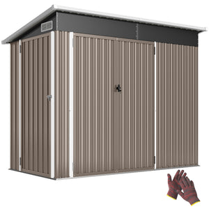 Abri de jardin en métal, cabane de jardin extérieure 234 x 132 x 185 cm, triple porte verrouillable, toit incliné, aérations et gants, cabanon rangement outils en acier galvanisé, gris clair