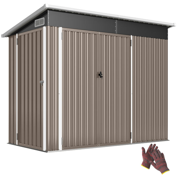 Abri de jardin en métal, cabane de jardin extérieure 234 x 132 x 185 cm, triple porte verrouillable, toit incliné, aérations et gants, cabanon rangement outils en acier galvanisé, gris clair
