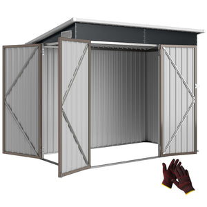 Abri de jardin en métal, cabane de jardin extérieure 234 x 132 x 185 cm, triple porte verrouillable, toit incliné, aérations et gants, cabanon rangement outils en acier galvanisé, gris clair