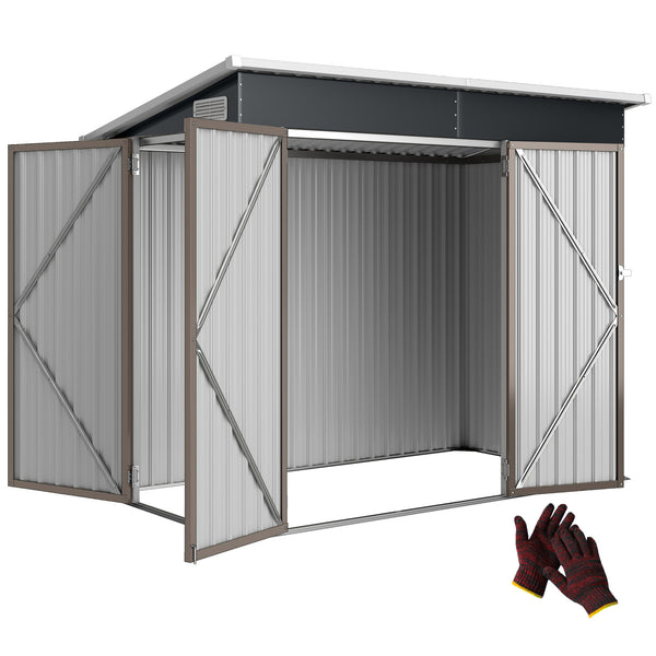 Abri de jardin en métal, cabane de jardin extérieure 234 x 132 x 185 cm, triple porte verrouillable, toit incliné, aérations et gants, cabanon rangement outils en acier galvanisé, gris clair