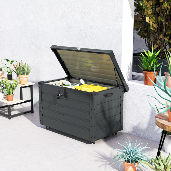 Coffre de rangement extérieur 295L coffre de jardin avec roulettes, vérin à gaz et poignée, en acier galvanisé, 100 x 62 x 65 cm, gris