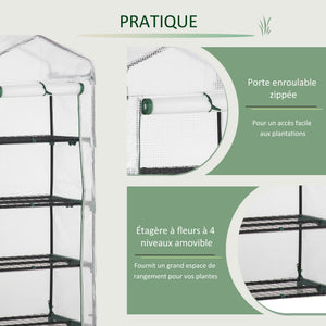 Serre de jardin PE avec étagères 4 niveaux, serre de balcon, bâche renforcée 140 /m², châssis en acier, porte zippée enroulable, pour légumes plantes, intérieur extérieur, 70x50x160cm, blanc