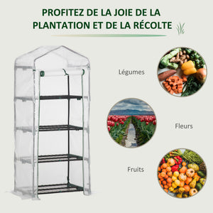 Serre de jardin PE avec étagères 4 niveaux, serre de balcon, bâche renforcée 140 /m², châssis en acier, porte zippée enroulable, pour légumes plantes, intérieur extérieur, 70x50x160cm, blanc