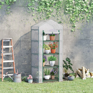 Serre de jardin PE avec étagères 4 niveaux, serre de balcon, bâche renforcée 140 /m², châssis en acier, porte zippée enroulable, pour légumes plantes, intérieur extérieur, 70x50x160cm, blanc