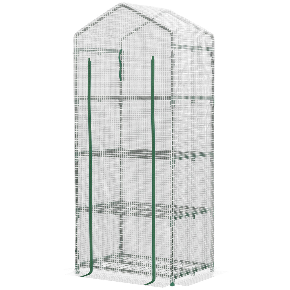 Serre de jardin PE avec étagères 4 niveaux, serre de balcon, bâche renforcée 140 /m², châssis en acier, porte zippée enroulable, pour légumes plantes, intérieur extérieur, 70x50x160cm, blanc