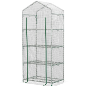 Serre de jardin PE avec étagères 4 niveaux, serre de balcon, bâche renforcée 140 /m², châssis en acier, porte zippée enroulable, pour légumes plantes, intérieur extérieur, 70x50x160cm, blanc