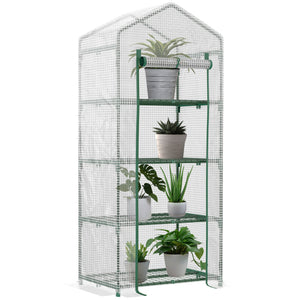 Serre de jardin PE avec étagères 4 niveaux, serre de balcon, bâche renforcée 140 /m², châssis en acier, porte zippée enroulable, pour légumes plantes, intérieur extérieur, 70x50x160cm, blanc
