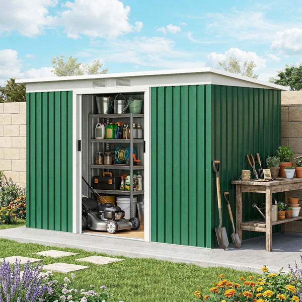 Abri de jardin en acier galvanisé XXL 3,6 m² avec kit de fondation 280 x 130 x 172 cm, cabane de jardin cabanon rangement outils avec portes coulissantes verrouillables aérations, vert foncé