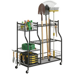 Organisateur d'Outils de Jardin en Acier à 3 Niveaux, 74 Emplacements, 4 Roues, 11 Crochets, Porte-Outils de Jardin pour Pelles et Râteaux Longs, Noir