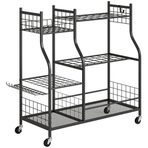 Organisateur d'Outils de Jardin en Acier à 3 Niveaux, 74 Emplacements, 4 Roues, 11 Crochets, Porte-Outils de Jardin pour Pelles et Râteaux Longs, Noir