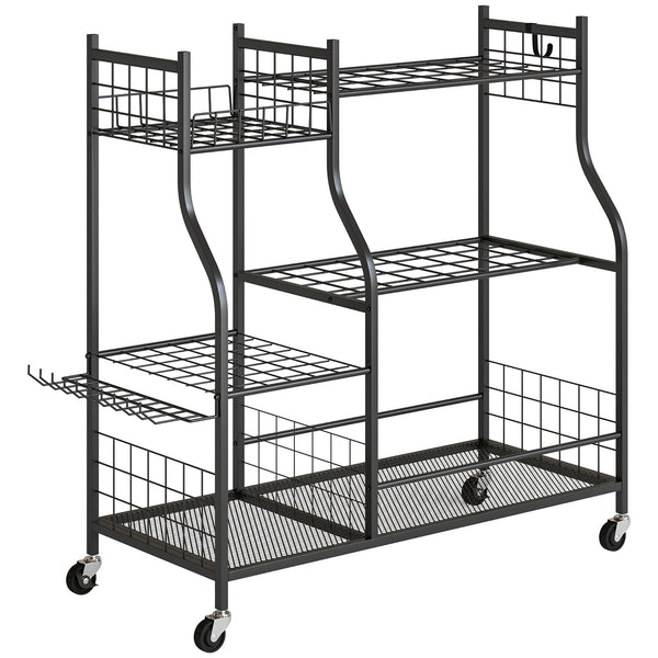 Organisateur d'Outils de Jardin en Acier à 3 Niveaux, 74 Emplacements, 4 Roues, 11 Crochets, Porte-Outils de Jardin pour Pelles et Râteaux Longs, Noir
