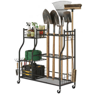 Organisateur d'Outils de Jardin en Acier à 3 Niveaux, 74 Emplacements, 4 Roues, 11 Crochets, Porte-Outils de Jardin pour Pelles et Râteaux Longs, Noir