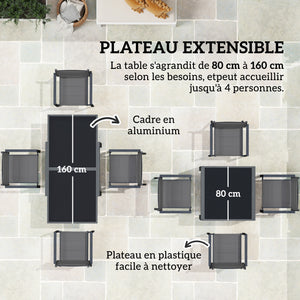 Salon de jardin extérieur en aluminium et textilène table extensible 4 chaises empilables - 4 personnes - dim. table 80/160L x 80l x 75H cm gris