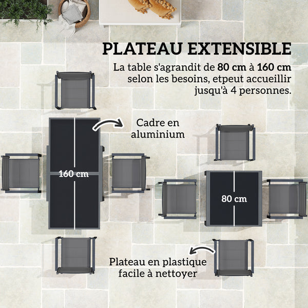 Salon de jardin extérieur en aluminium et textilène table extensible 4 chaises empilables - 4 personnes - dim. table 80/160L x 80l x 75H cm gris