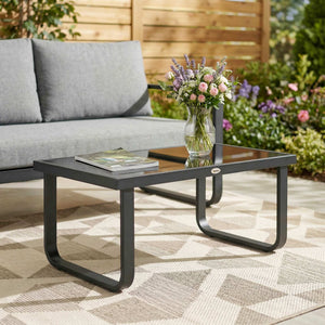 Table Basse de Jardin Rectangulaire, Pieds Incurvés, Plateau en Verre Trempé, Table d'Appoint pour Terrasse Balcon Jardin, 90x45x33cm, Noir