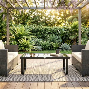 Table Basse de Jardin Rectangulaire, Pieds Incurvés, Plateau en Verre Trempé, Table d'Appoint pour Terrasse Balcon Jardin, 90x45x33cm, Noir