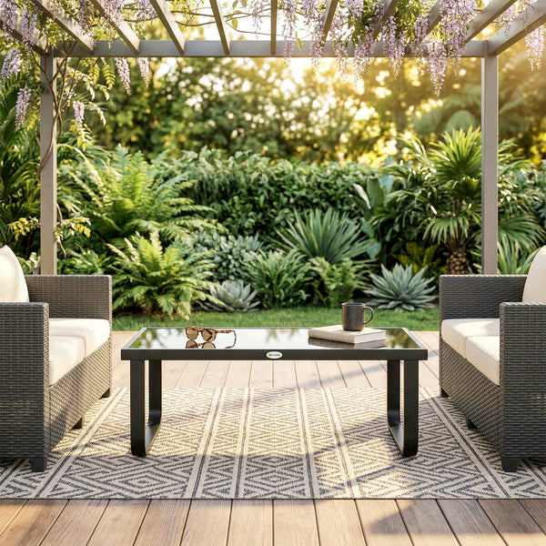 Table Basse de Jardin Rectangulaire, Pieds Incurvés, Plateau en Verre Trempé, Table d'Appoint pour Terrasse Balcon Jardin, 90x45x33cm, Noir