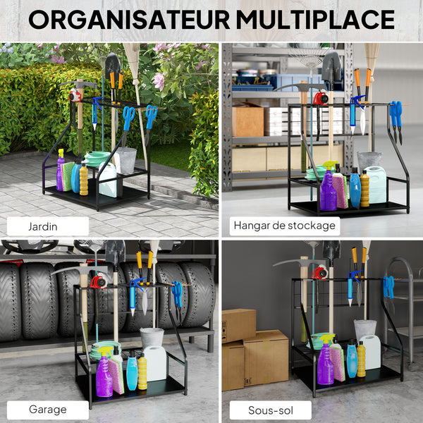 Organiseur d'outils de jardin avec crochets, porte-outils de garage à 3 niveaux, support d'outils de jardin pour sécateurs, pelles, râteaux pour jardin, garage orange