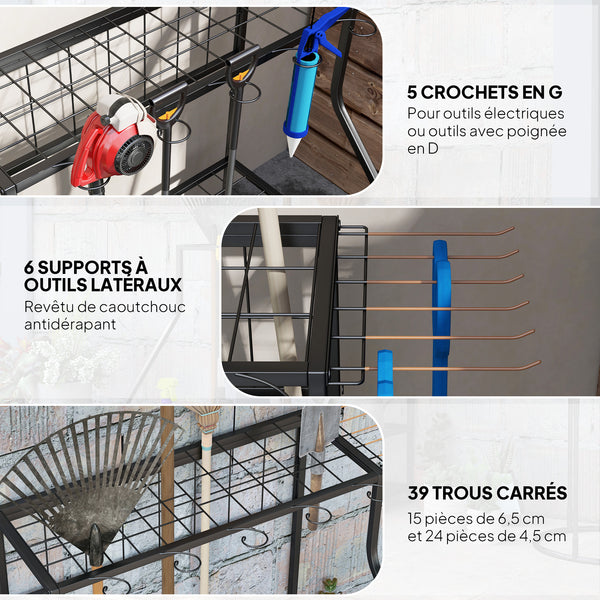 Organiseur d'outils de jardin avec crochets, porte-outils de garage à 3 niveaux, support d'outils de jardin pour sécateurs, pelles, râteaux pour jardin, garage orange