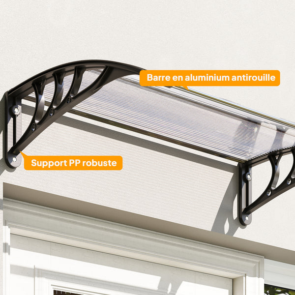Auvent de porte d'entrée, toit marquise de porte exterieur en polycarbonate et aluminium résistante toit abri protection contre la pluie et UV pour terrasse, balcon, 100 x 75 cm, transparent