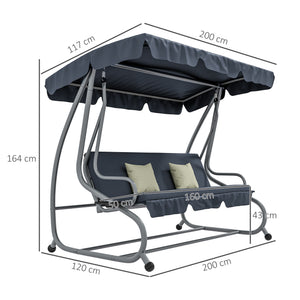 Balancelle de Jardin 3 Places Convertible Toit Inclinaison réglable 2 tablettes Support 2L x 1,2l x 1,64H m métal époxy Noir Polyester Gris