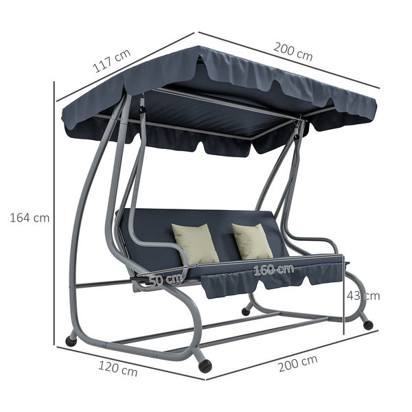 Balancelle de Jardin 3 Places Convertible Toit Inclinaison réglable 2 tablettes Support 2L x 1,2l x 1,64H m métal époxy Noir Polyester Gris