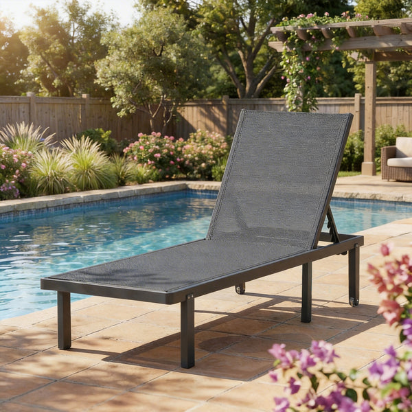 Bain de Soleil en Aluminium avec Roulettes - Transat de Jardin Inclinable à Plat 4 Positions et Textilène 530g/m² - Chaise Longue de Piscine Anti-Rouille, Gris Foncé