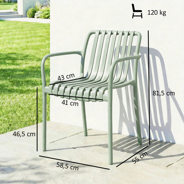 Lot de 4 Chaises de Jardin Empilables en Polypropylène Anti-UV - Fauteuil de Terrasse avec Accoudoirs et Dossier à Lattes Ergonomique - Chaises de Salle à Manger Extérieures, Gris Vert