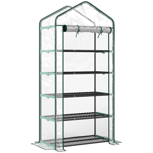 Serre de jardin avec étagères 5 niveaux, serre de balcon, bâche renforcée, châssis en acier, porte zippée enroulable, pour légumes plantes fleurs, 90x49x193cm, transparent