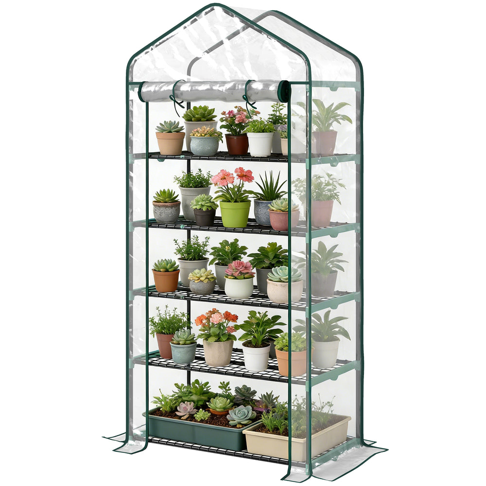 Serre de jardin avec étagères 5 niveaux, serre de balcon, bâche renforcée, châssis en acier, porte zippée enroulable, pour légumes plantes fleurs, 90x49x193cm, transparent