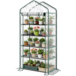 Serre de jardin avec étagères 5 niveaux, serre de balcon, bâche renforcée, châssis en acier, porte zippée enroulable, pour légumes plantes fleurs, 90x49x193cm, transparent