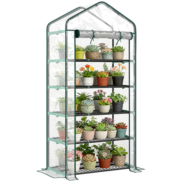 Serre de jardin avec étagères 5 niveaux, serre de balcon, bâche renforcée, châssis en acier, porte zippée enroulable, pour légumes plantes fleurs, 90x49x193cm, transparent