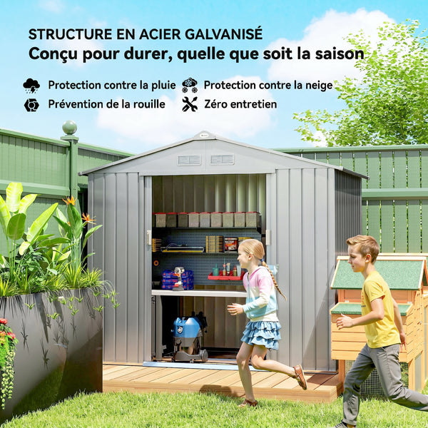 Abri de Jardin 2,5 m² - Remise pour Outils avec Kit de Fondation - Cabanon Porte Verrouillable - Dim. 213L x 130l x 185H cm - Tôle d'Acier Gris