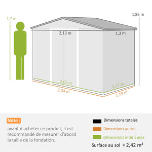 Abri de Jardin 2,5 m² - Remise pour Outils avec Kit de Fondation - Cabanon Porte Verrouillable - Dim. 213L x 130l x 185H cm - Tôle d'Acier Gris