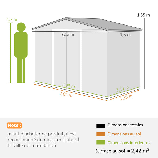 Abri de Jardin 2,5 m² - Remise pour Outils avec Kit de Fondation - Cabanon Porte Verrouillable - Dim. 213L x 130l x 185H cm - Tôle d'Acier Gris